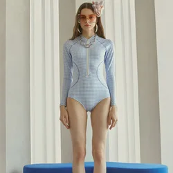 Korean Blue Plaid Swimwear Female Summer Zipper One Piece Swimsuit Women Long Sleeve Monokini Bathing Suit Surf 2024 Beach Wear