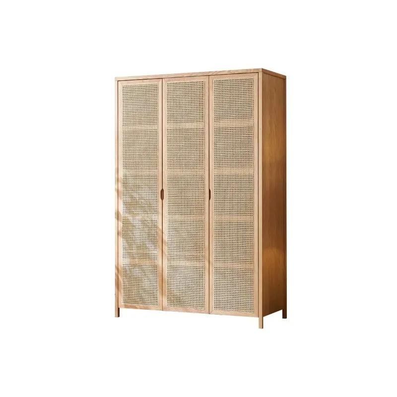 Solid wood rattan wardrobe small household three-door locker retro homestay hotel clothes cupboard