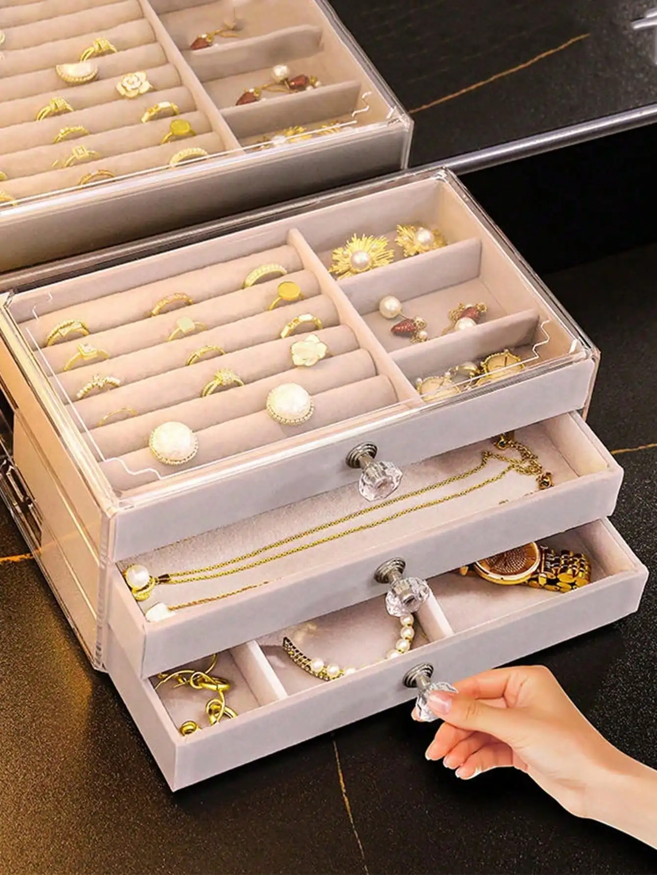 

Многоуровневая бархатная прозрачная шкатулка для драгоценностей с хрустальными ручками, рождественский подарок