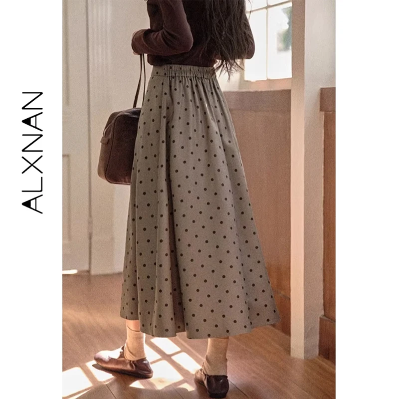 ALXNAN grande taille gris à pois jupe femmes longue a-ligne jupes élégantes coupe ample taille haute décontractée fête femme vêtements D12872