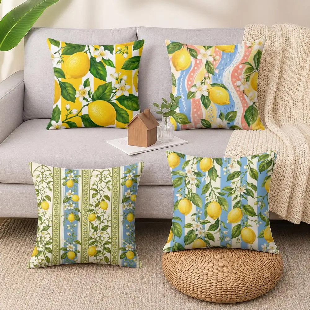 Lemon Stripe Pattern Cushion Cover Soft Short Plush Pillow Cases Hidden Zipper Cutecore Sofa Bedroom Home Decor Gift