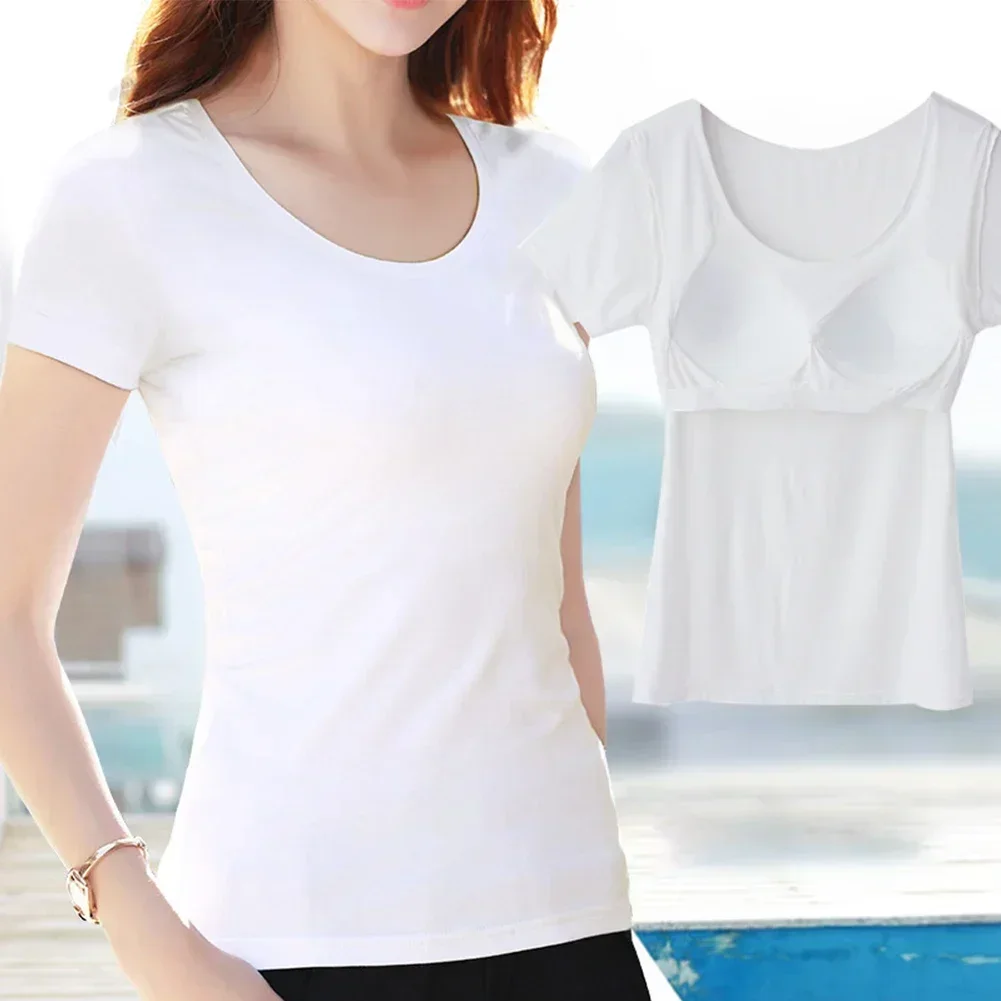 T-shirt con reggiseno incorporato Top da donna Push Up imbottito Strato manica corta Tinta unita Casual Basic T-shirt Tees Abbigliamento donna