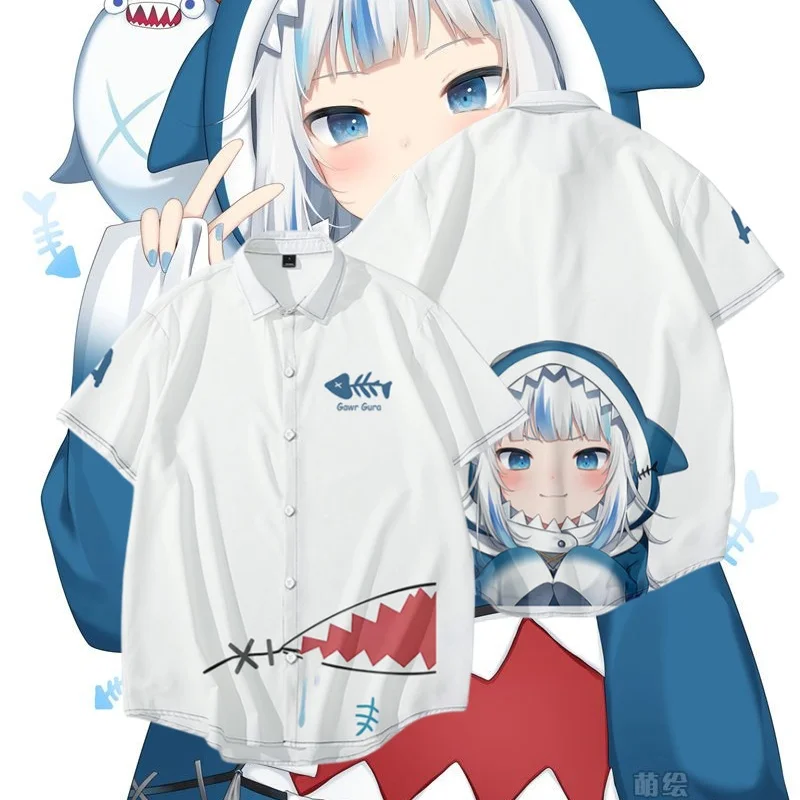 

Gawr Gura Kawaii Blue Hawaiian 3d Printing Shirt Man Summer Short Sleeve Casual Street Shirts for Men Fashion Beach Party Shirt