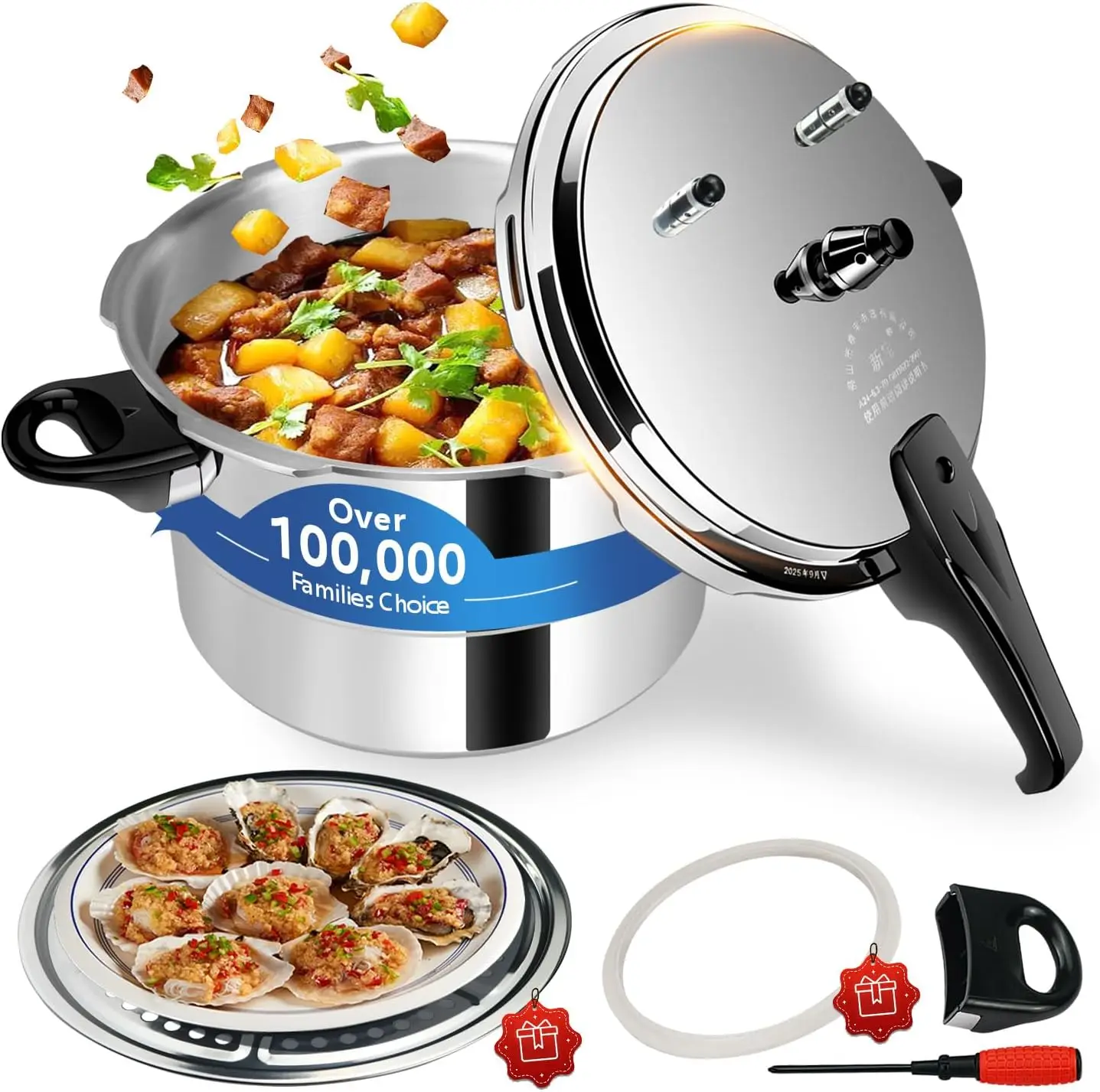 

Pressure Cooker 8 qt, Aluminum, All Stovetops Induction Compatible, Thickened Spring, 8 Safety Features