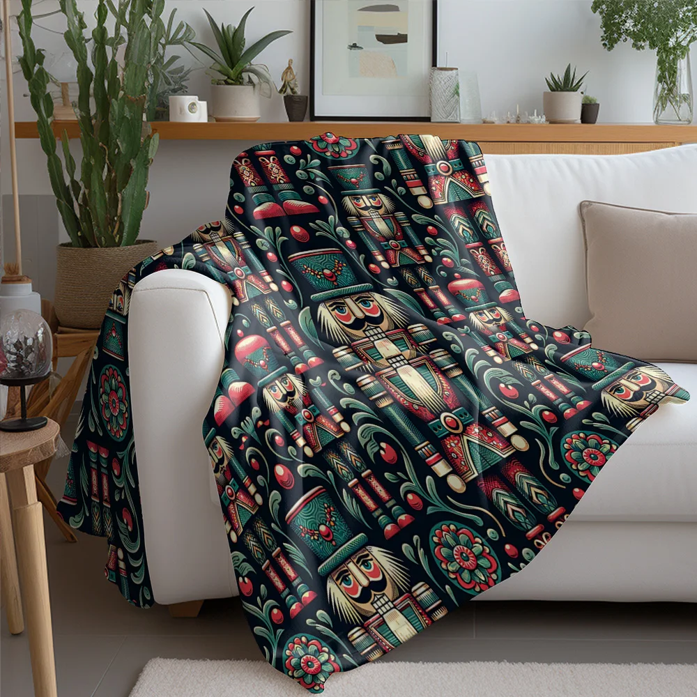 Vintage Nutcracker Fleece Blanket, Embroidered Soldier Design with Berry Vine Pattern, Elegant Christmas Throw for Sofa Decor