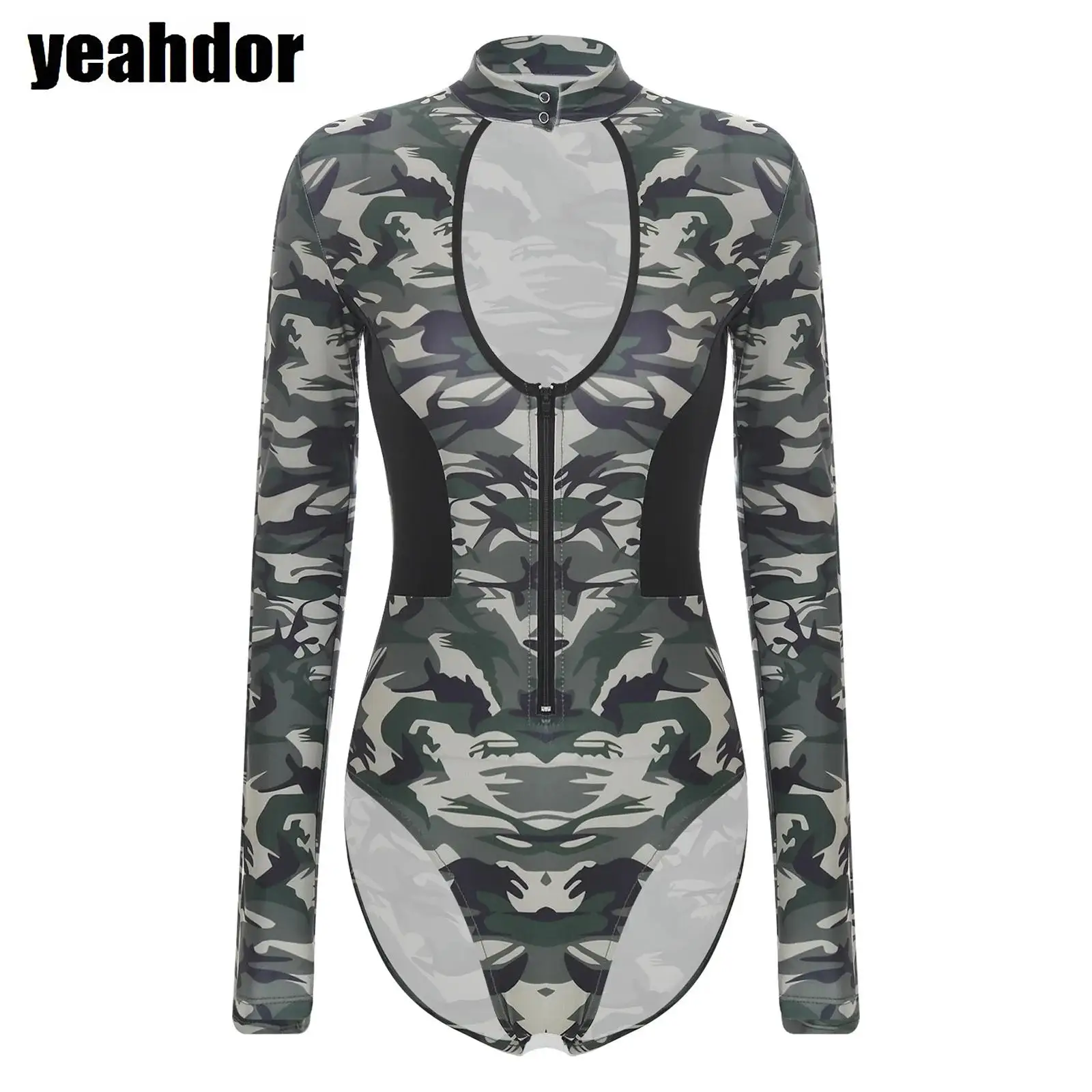 

Women Officer Camouflage Uniform Camouflage Print Bodysuit Long Sleeve Hollow Out Zipper Leotard Jumpsuit Army Fancy Dress Up