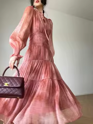 2023 New Spring Summer Women Long Sleeve Slim Long Dress High Quality Designer Fashion Tie Dye Elegant Evening Dress