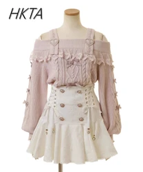 Japanese Sweet Bow Long-sleeve Knitted Pullover Sweater Autumn Winter New Off-shoulder Sexy Lolita Girls Liz Sweater Jumper Top