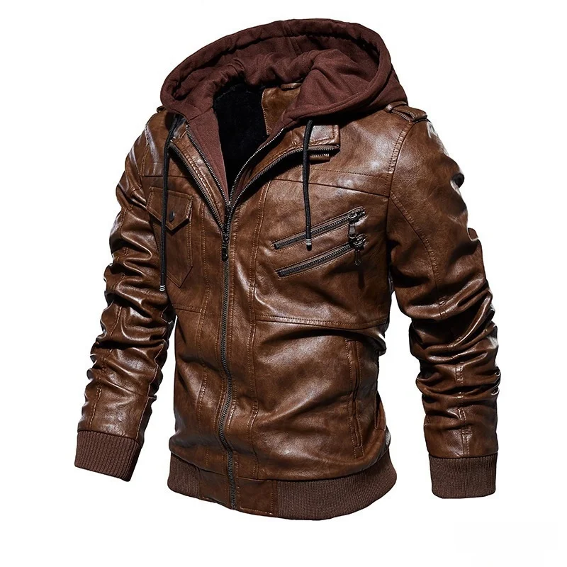 

Autumn Winter PU Leather Hooded Men's Jaet Two-Piece Set Casual Long Sve Regular Length Fiber Blend Fabric Coat