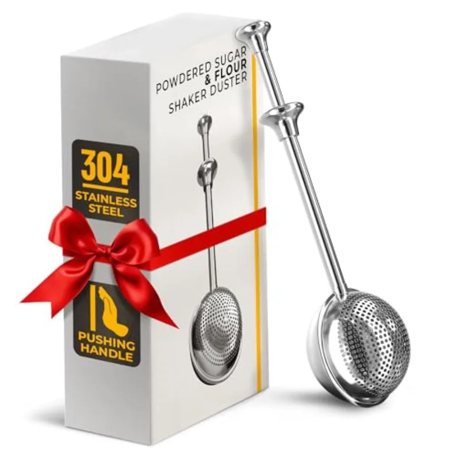 Flour Shaker Duster 18/8 Stainless Steel Flour Duster for Bread Baking with One-Handed Operation Cocoa, Cinnamon, Spices and Po