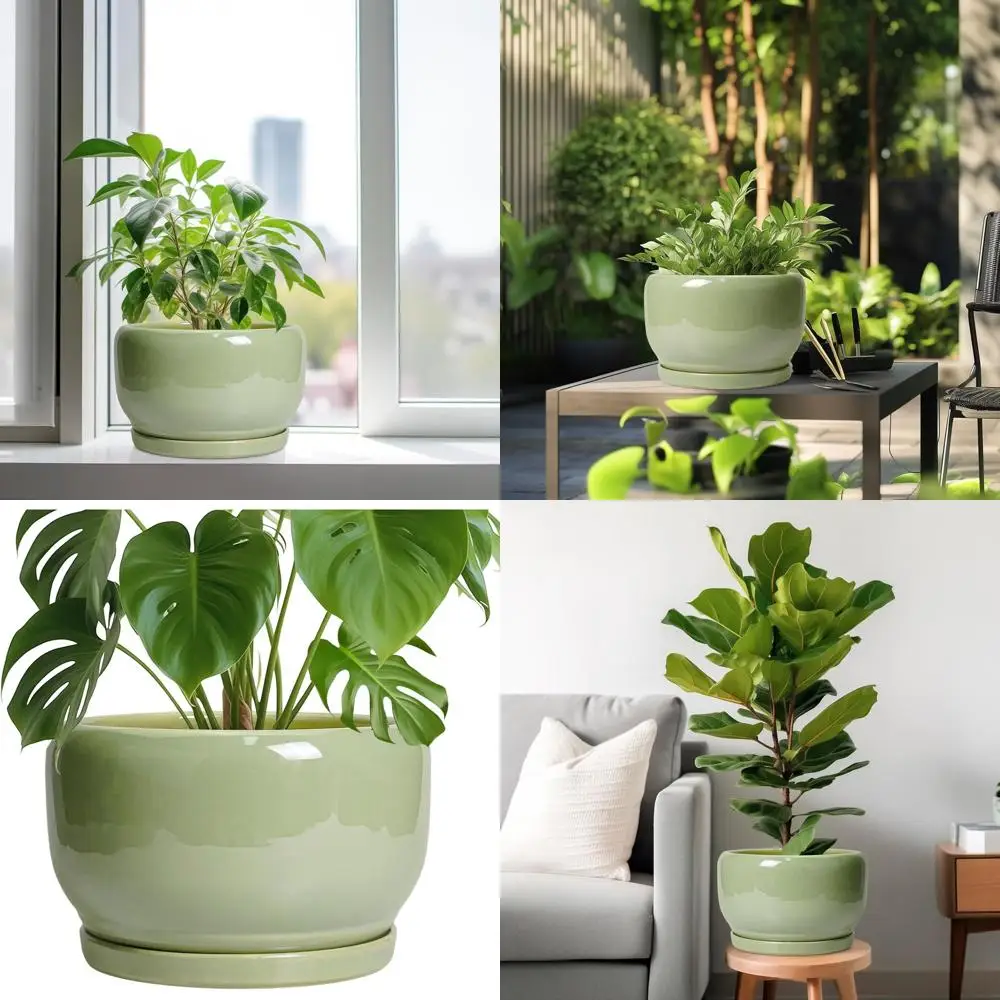 

10-дюймовый круглый современный горшок с дренажем для внутреннего и наружного использования, большой декоративный цветочный горшок, зеленый