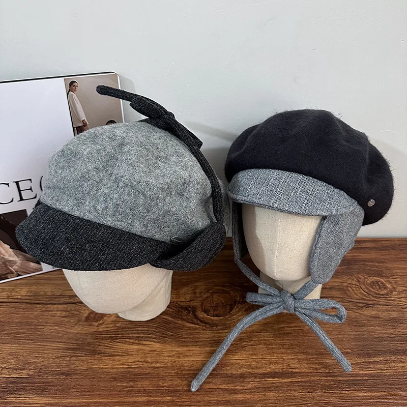 Personalized Splicing Woolen Retro Beret Korean Autumn and Winter Lace-up Ear Protection Flight Hat Warm Literary Newsboy Cap