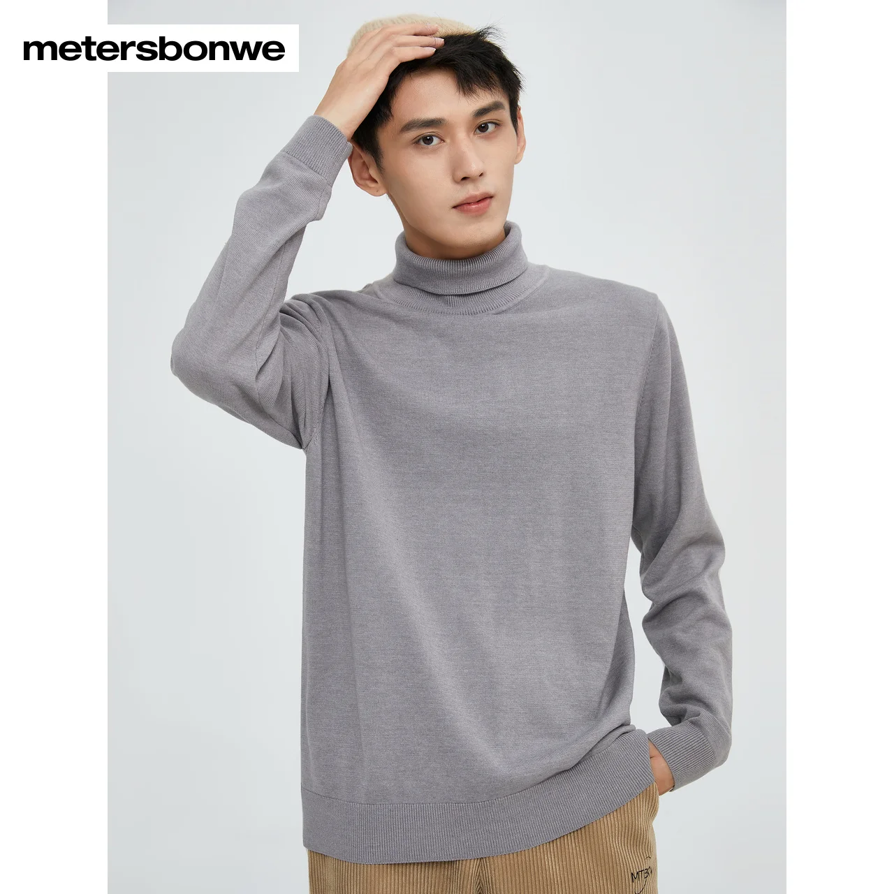 Metersbonwe High Neck Sweater Men Winter Solid Warm Casual Sweaters Grey Layover Pullover Comfortable Long Sleeve Top Brand