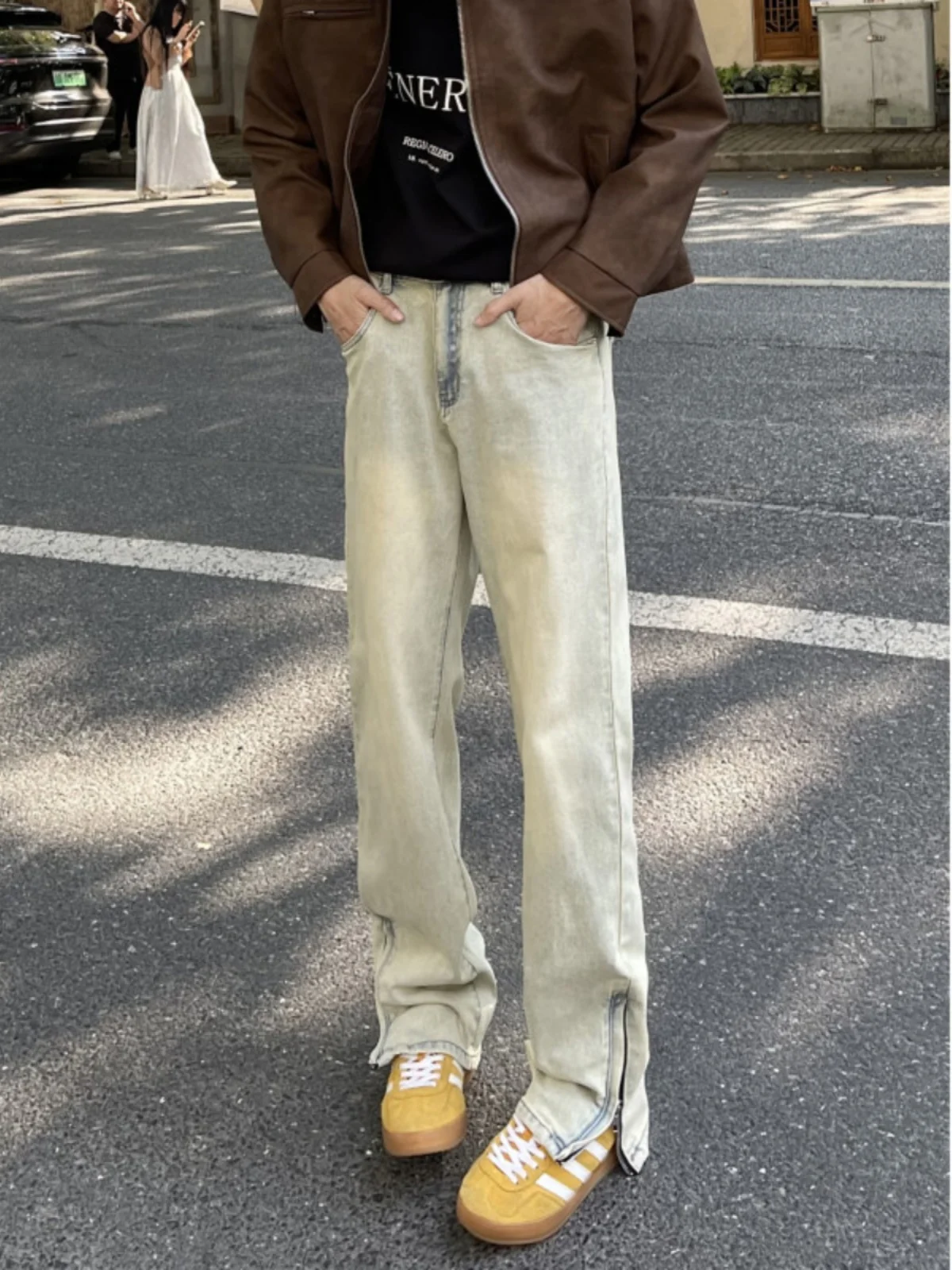 Cleanfit American High Street Yellow Mud-plones vaqueros con parte inferior de campana para hombre, plones vaqueros a...