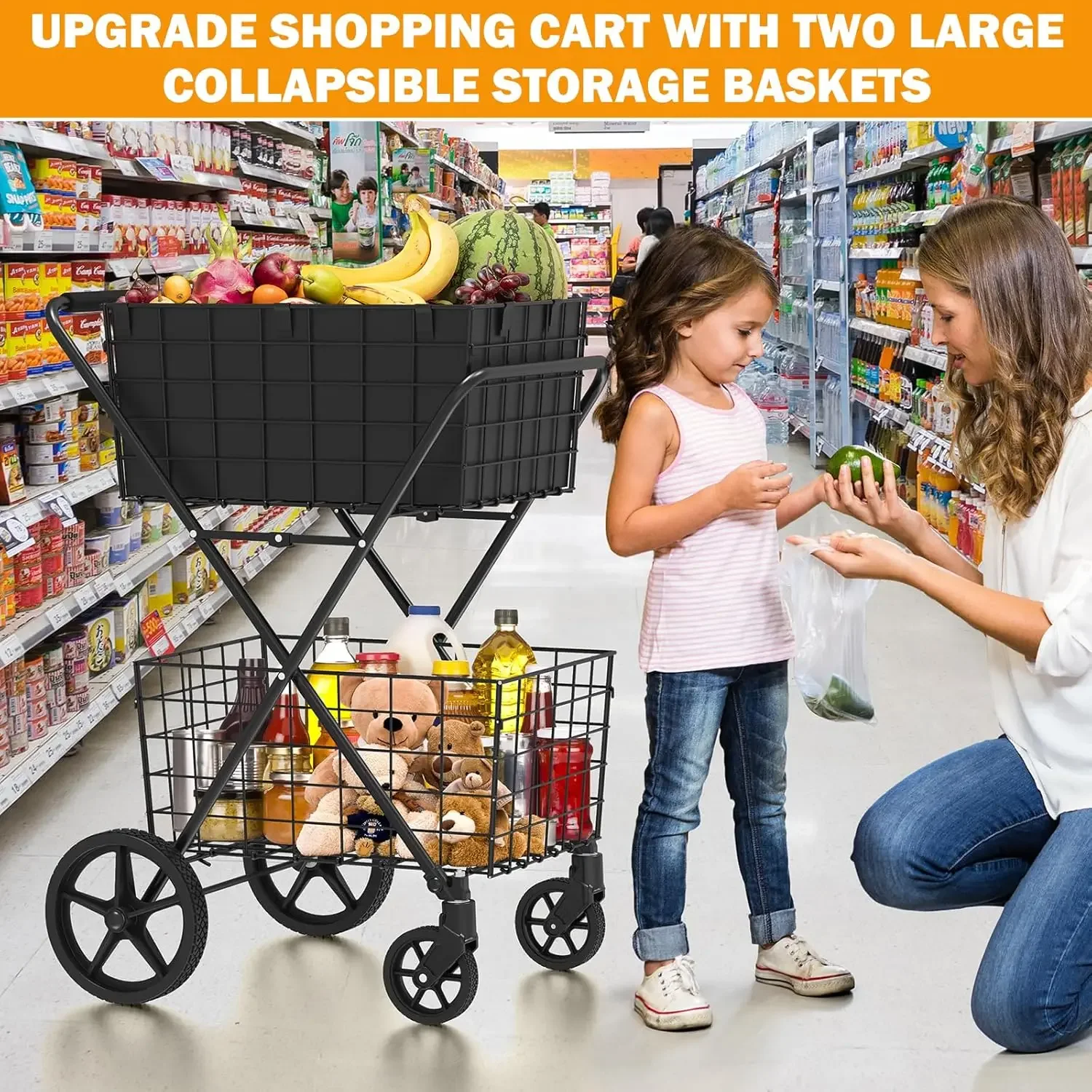 Shopping Cart for Groceries, 400Lbs Grocery Cart with 2 Removable Storage Baskets, 360° Rolling Swivel Wheels, Waterproof Liner,