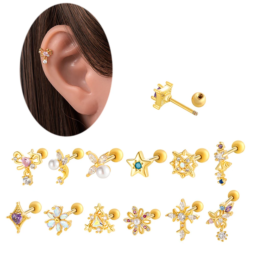 1Piece Cute Multicolour Zircon Star Flower Cross Screw Back Cartilage Stud Earrings Stainless Steel Helix Ear Piercing Jewelry