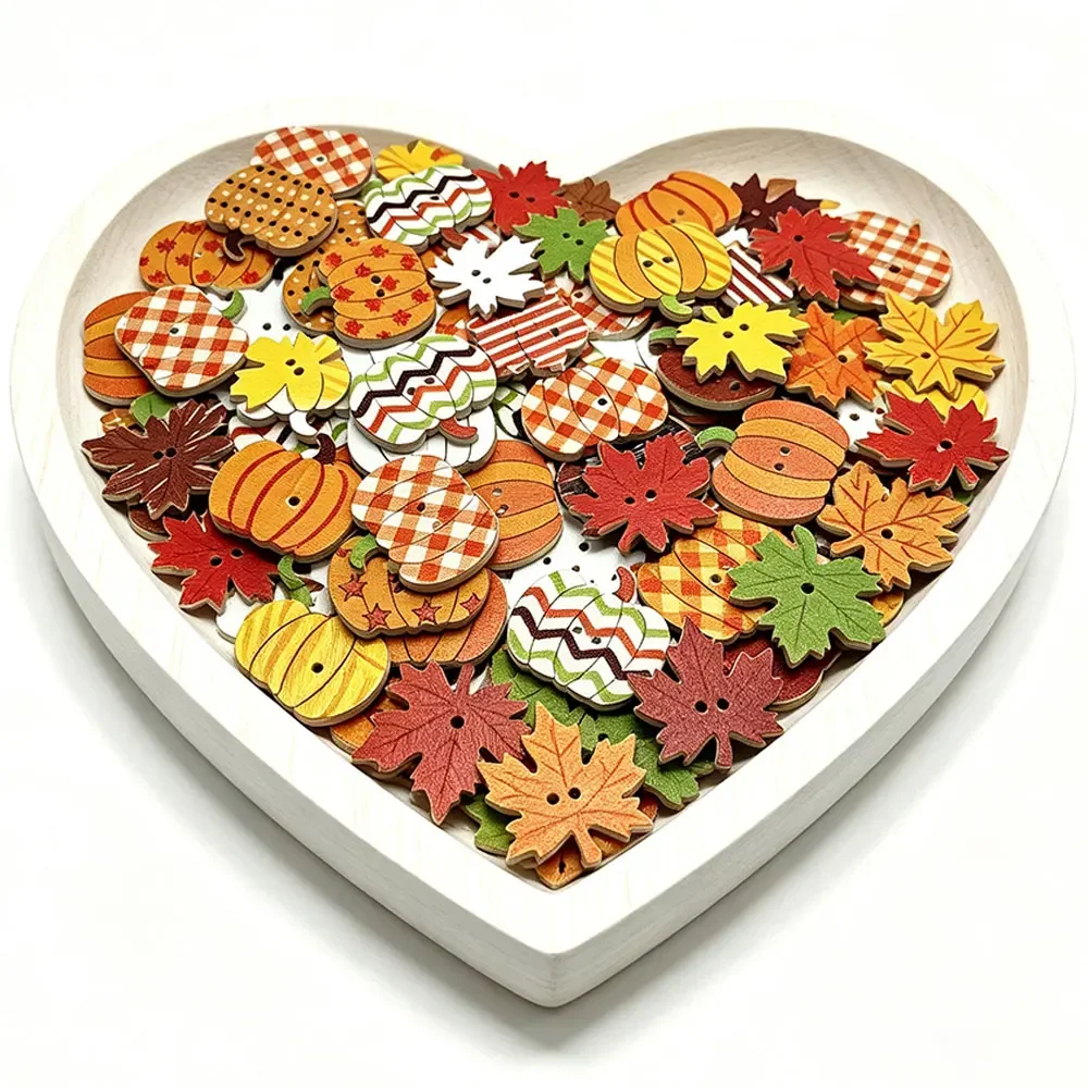 300PCS 25MM Autumn Harvest Series Pumpkin Maple Leaf Flower Wooden Buttons Buckle Home Clothing Luggage Decorative Wood Button