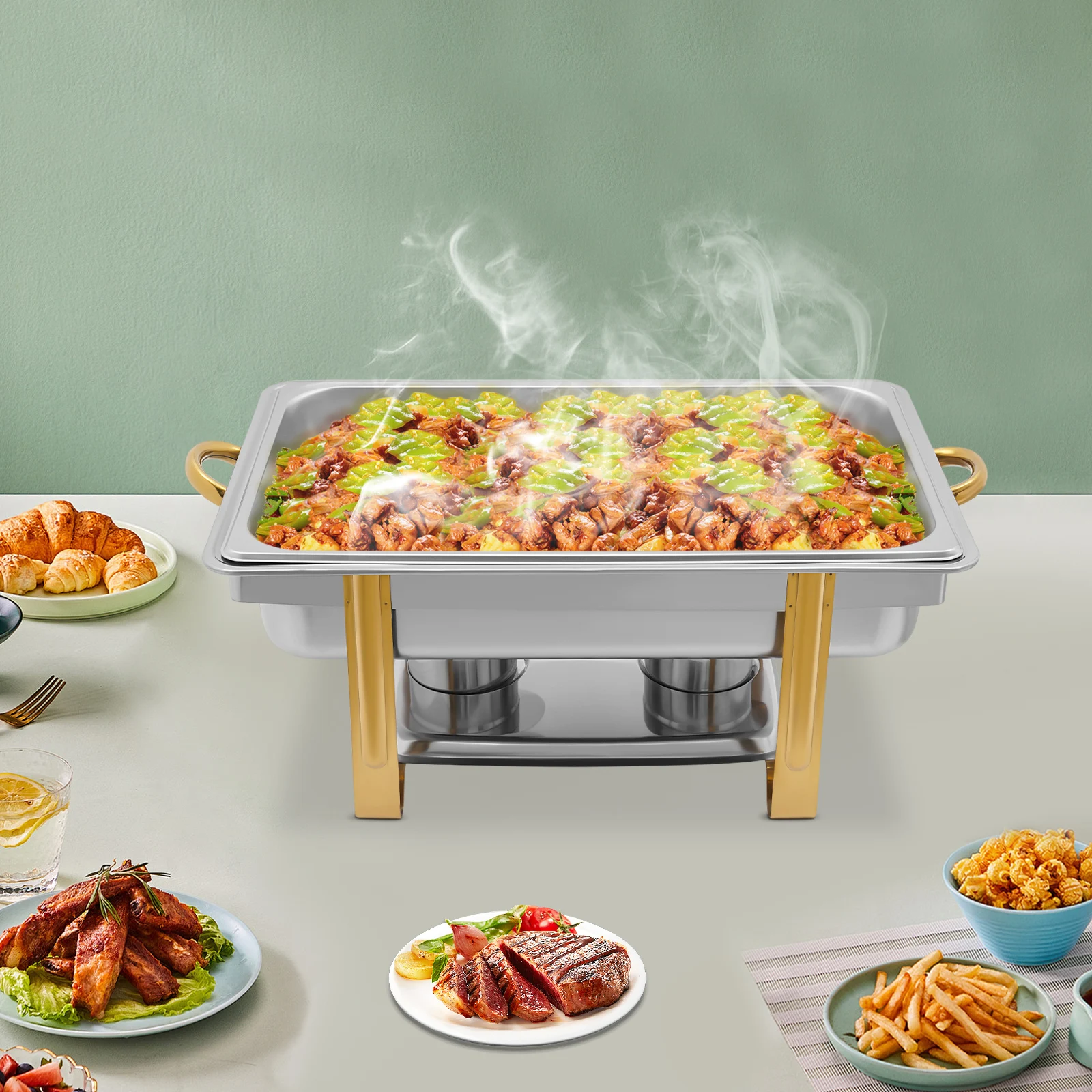 

Gold Plated Square Alcohol Single Grid Meal Stove Water Pot Food Plate Hotel Buffet Family Gathering Wedding