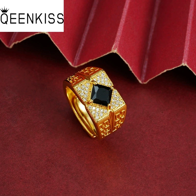 

QEENKISS Gold Luxury Square Adjustable Rings For Man Male Wedding Party Birthday Christmas Groom Father Boyfriend Gifts RG5239