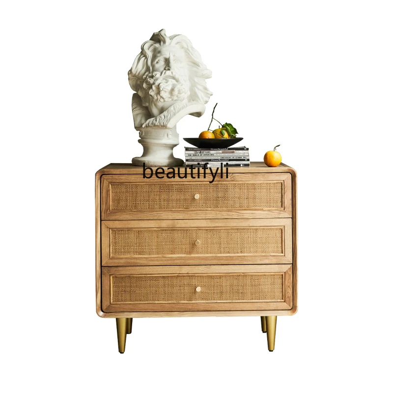 

Nordic Solid Wood Simplicity Modern Locker Bedroom Multi-Functional Bedside Rattan Storage Chest of Drawers B & B