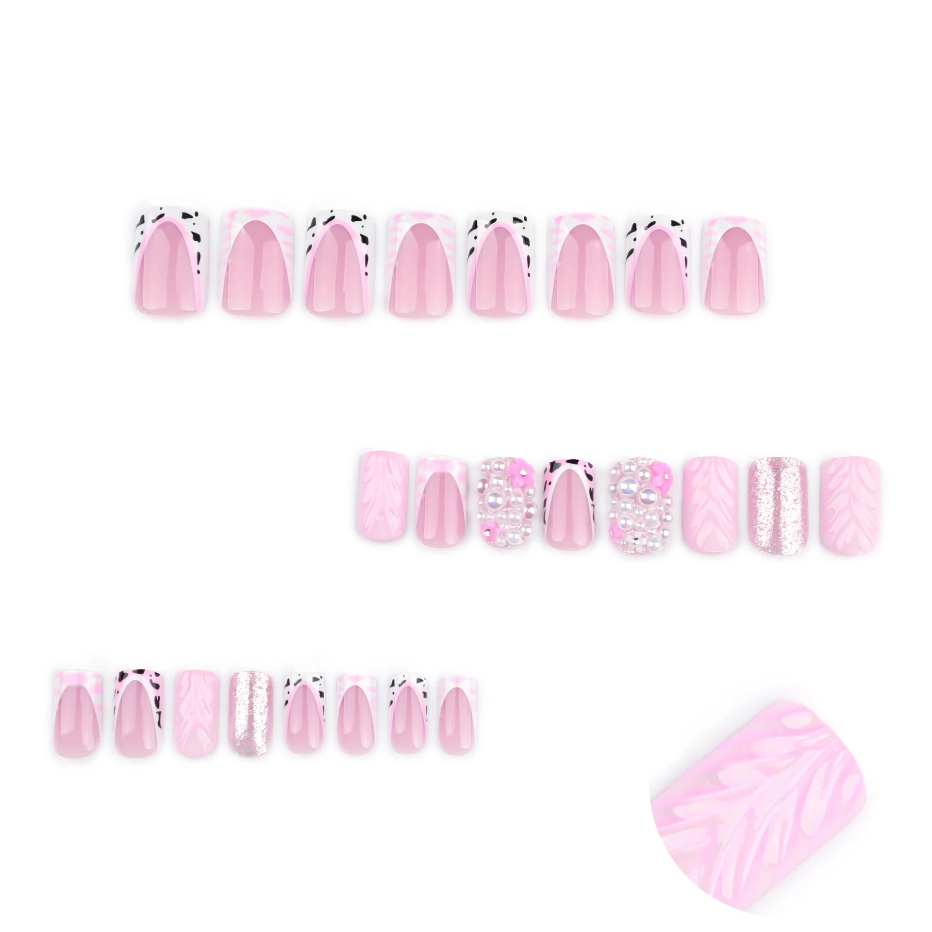 24 Stück mittelgroße Sargnägel zum Aufdrücken: 3D-Rosa-Wasserwellen mit hochglänzendem Glitzer, Perlen und roten Blumen