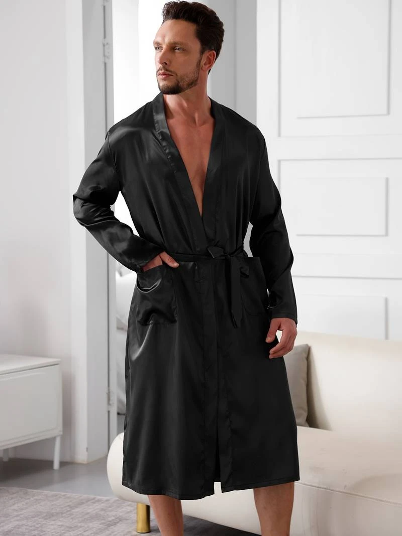 Men's Sleep Pj Black Suit Super-stylish Gorgeous Pajamas V-Neck Long Sleeve Robe And Shorts Nightgown Set For Relaxing Sleep Pjs