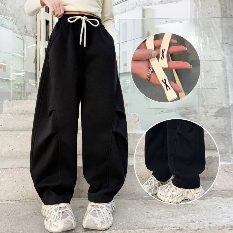 【2025 New】Girls' Curved Leg Joggers Spring Autumn Casual Pants, Loose-fitting Stylish Athleisure for Tween Girls Outerwear