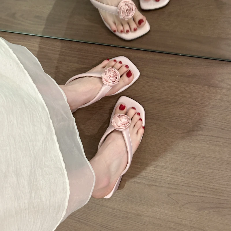 Satin Flower Wedges Heel Women Slippers Elegant Clip Toe Slip On Shoes Ladies Outdoor Daily Wear Vacation Dress Slides