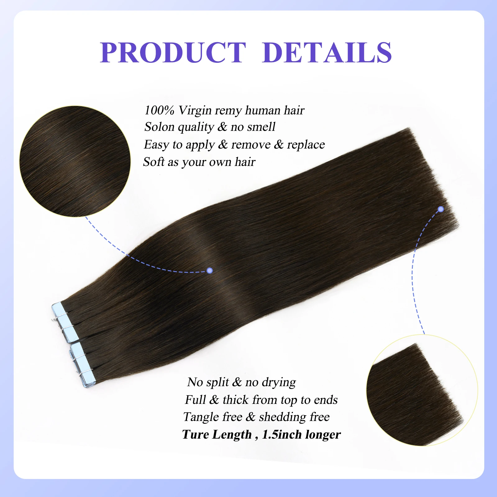 LOVELINE 20pcs 50g Brown Tape in Hair Extensions Human Hair Remy Straight Hair Extensions Invisible PU Skin Weft Hair for Women