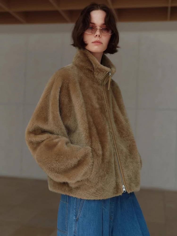 

High-end Luxury Lacon Lamb Fur Plush Jackets Women Simple Stand Collar Batwing Sleeve Short Winter Genuine Leather Real Fur Coat