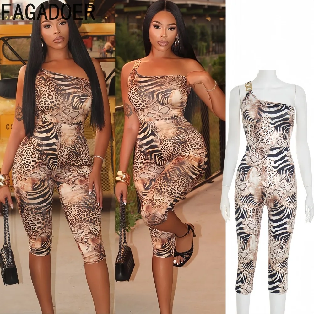 

FAGADOER Sexy Leopard Print Bodycon Jumpsuit Women Inclined Shoulder Sleeveless Backless Rompers Female Streetwear Overalls New