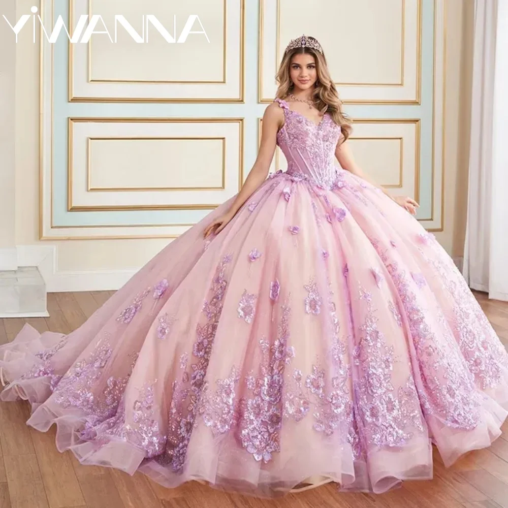 

Glitter Tulle 3D Floral Quinceanera Dressn Sparkling Vneck Embroidery Ball Gown Floor-length Sweet 16 Prom Birthday Party