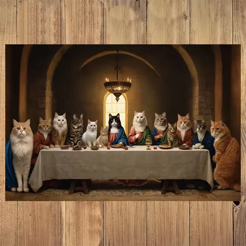 Funny Animal Whimsical Cat Last Supper Canvas Poster Feline Gathering Historical Parody Pet Lovers Prints Wall Paintings Decor