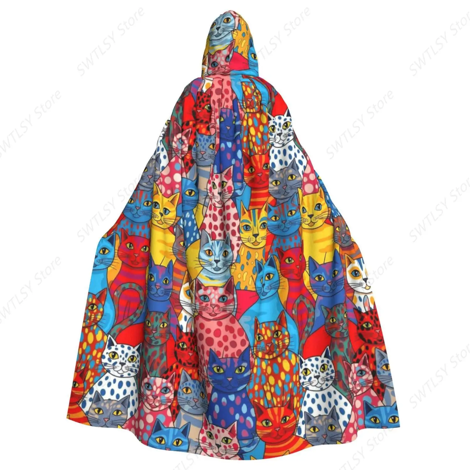 Wizard Cape Hooded Cloak Halloween Costume Compatible with Colorful Cats Painting for Women Men Cosplay Party