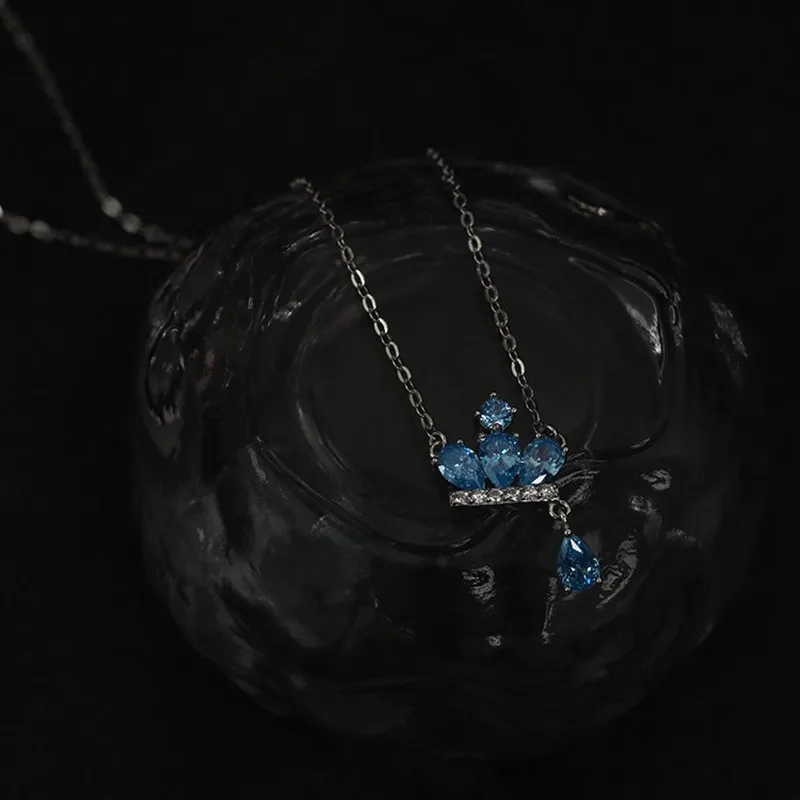 925 Sterling Silver Electroplated Platinum Blue Zircon Crown Pendant Necklace for Women Light Luxury Exquisite Collarbone Chain