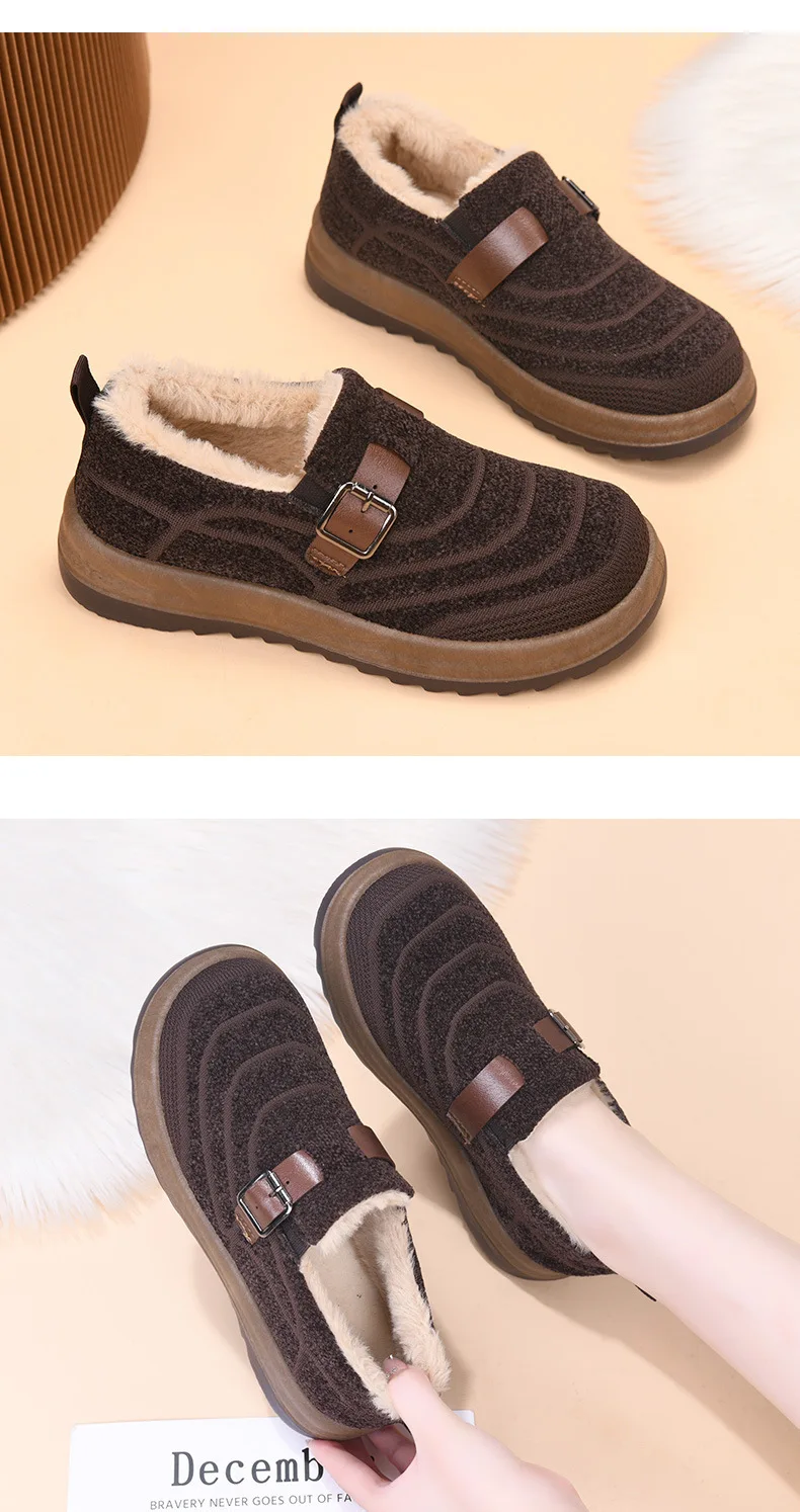 Damen-Winter-Loafer mit Fleecefutter, warme Slipper aus Strickstoff, rutschfeste Freizeitschuhe mit Schnallenriemen und dicker Plattformsohle – Detail 14