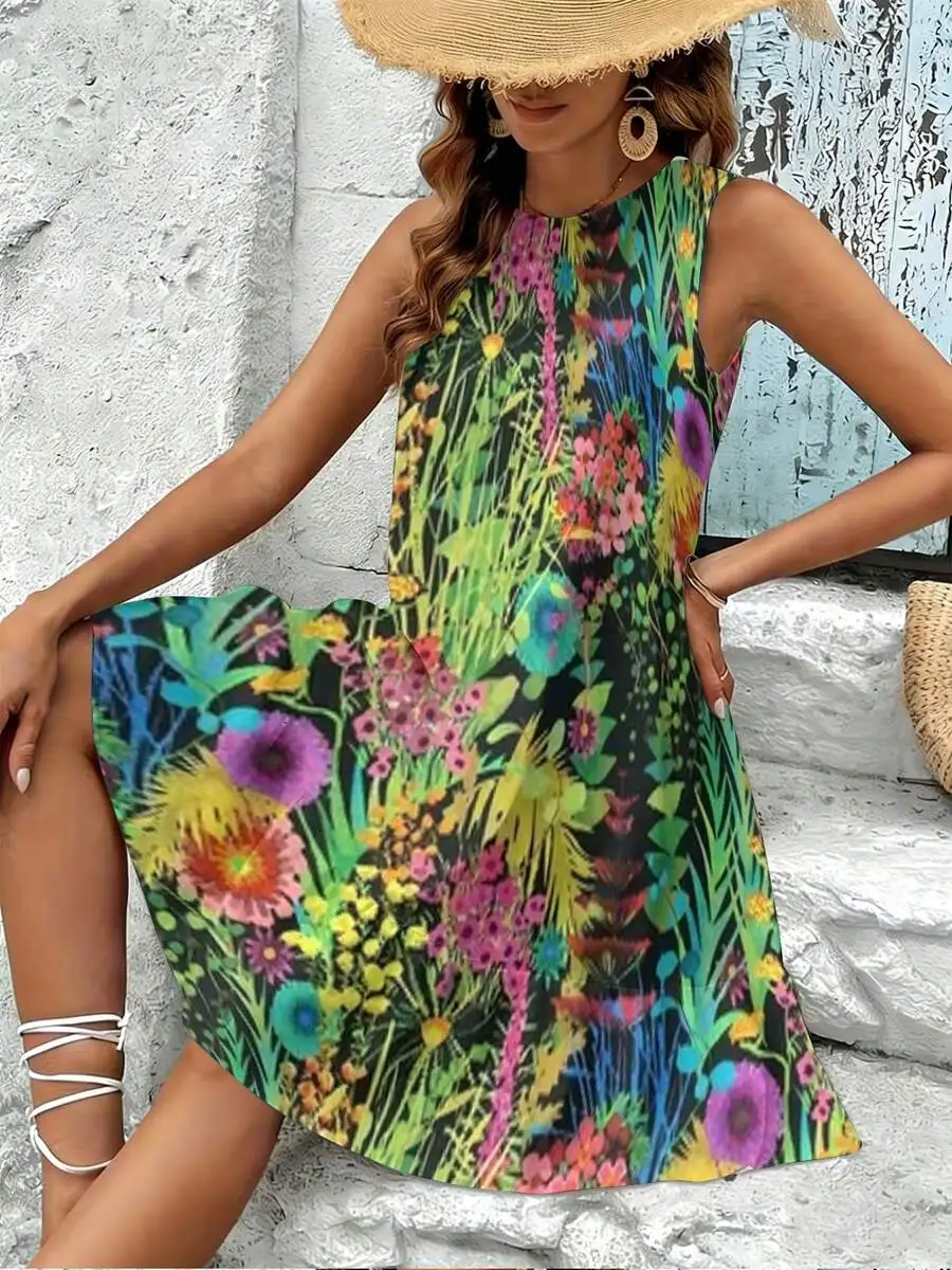 

Womens Sleeveless Round Neck Bohemian Swing Dress With Colorful Floral Print Casual A-Line Summer Beach Dress