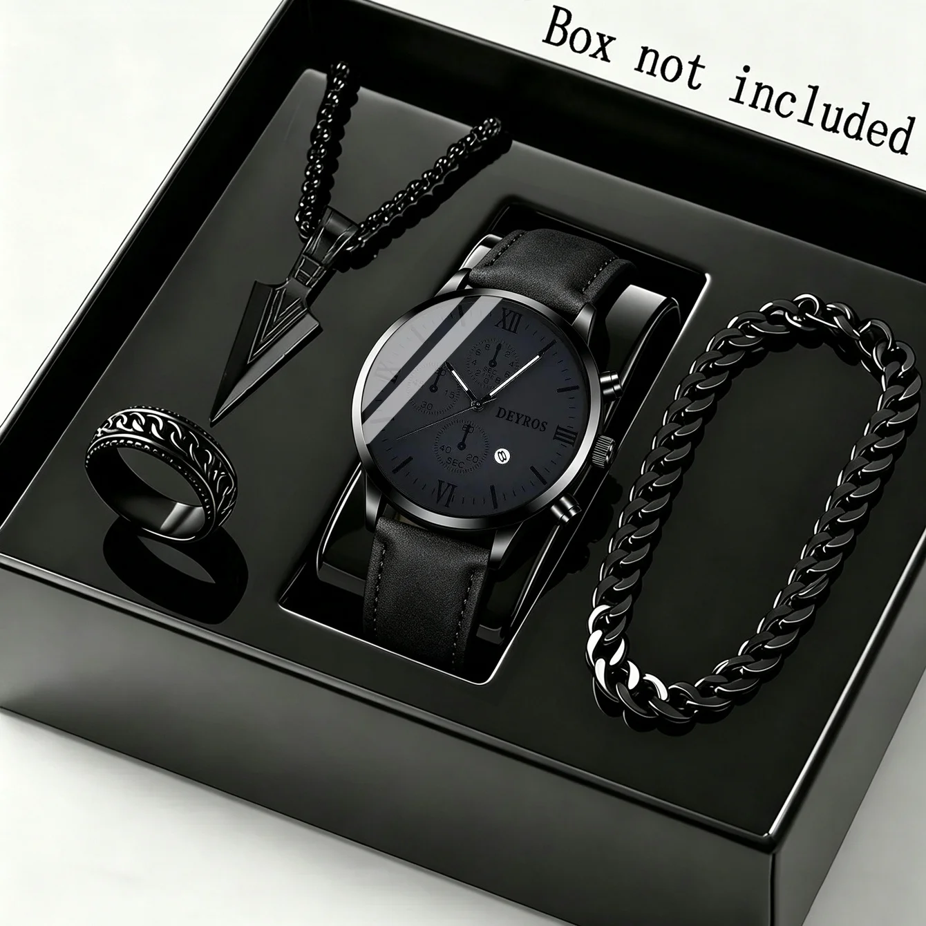 4pcs/set Men'S Fashion Round Quartz Watch Necklace Bracelet Ring Jewelry Set Valentine'S Watch for Men Necklace