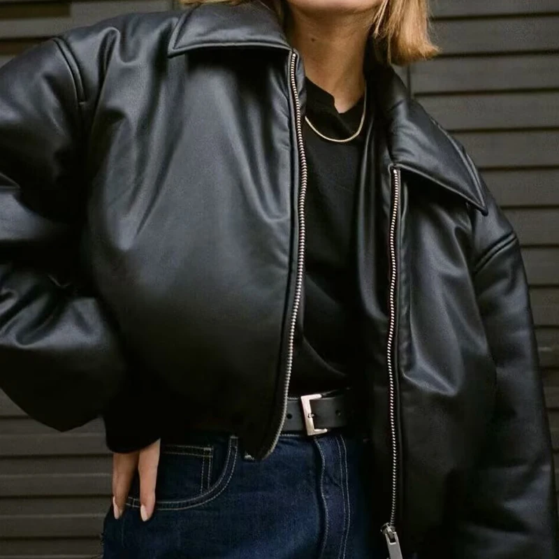 European and American Style Spring and Autumn Pure Color Pu Leather Thickened Warm Short Long Sleeved Cotton Jacket