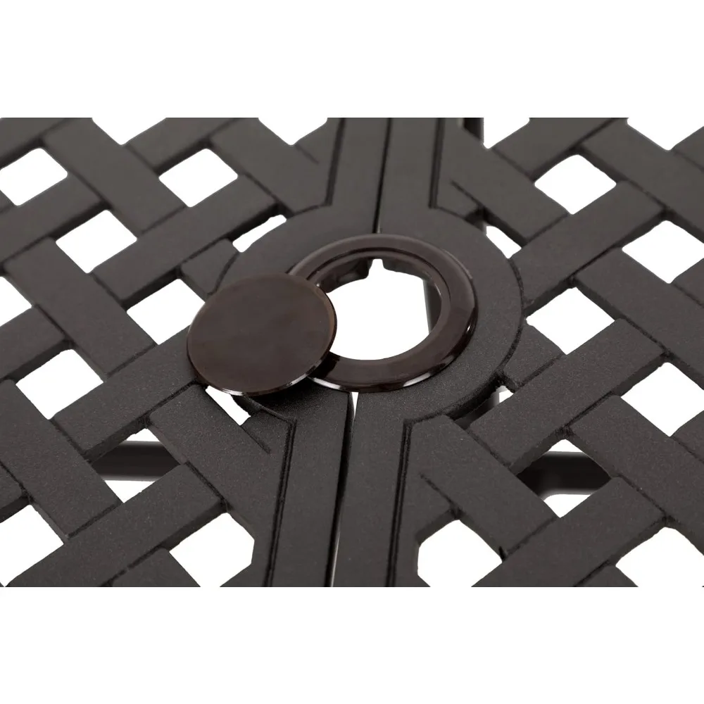 O 6-Personen-Terrassen-Esstisch aus Aluminiumguss, 63 Zoll, rechteckig, mit Retro-Designmuster und Schirmloch, mattiertes goldenes Schwarz