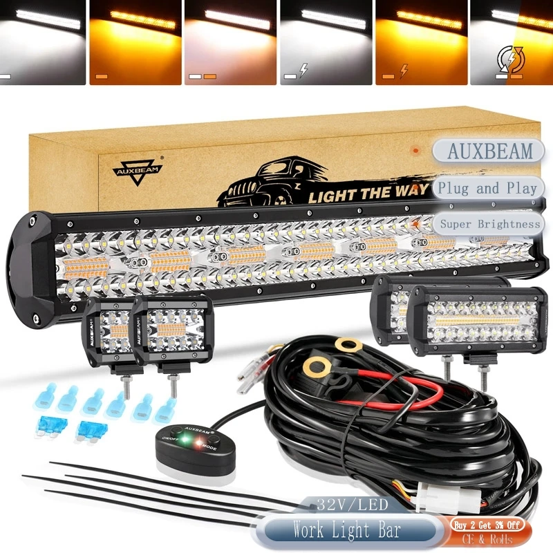 Auxbeam 3/4/7/12/20inch Dual Color 6 Modes Spot Beam LED Work Light Bar for Truck Pickup Offroad 32V IP68 Stainless Steel Mount