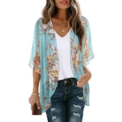 Women Summer Short  Flowy 3D printed Kimono Cardigans Boho Chiffon Floral Beach Cover Up  Beachwear Split Swimsuit vacation Top