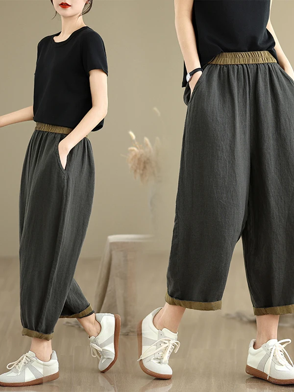 High Waist Wide Leg Pants Harlan Style Arc Shape Cuffed Cotton Linen Casual Nine Points Pants Slimming Effect Vintage Lantern...