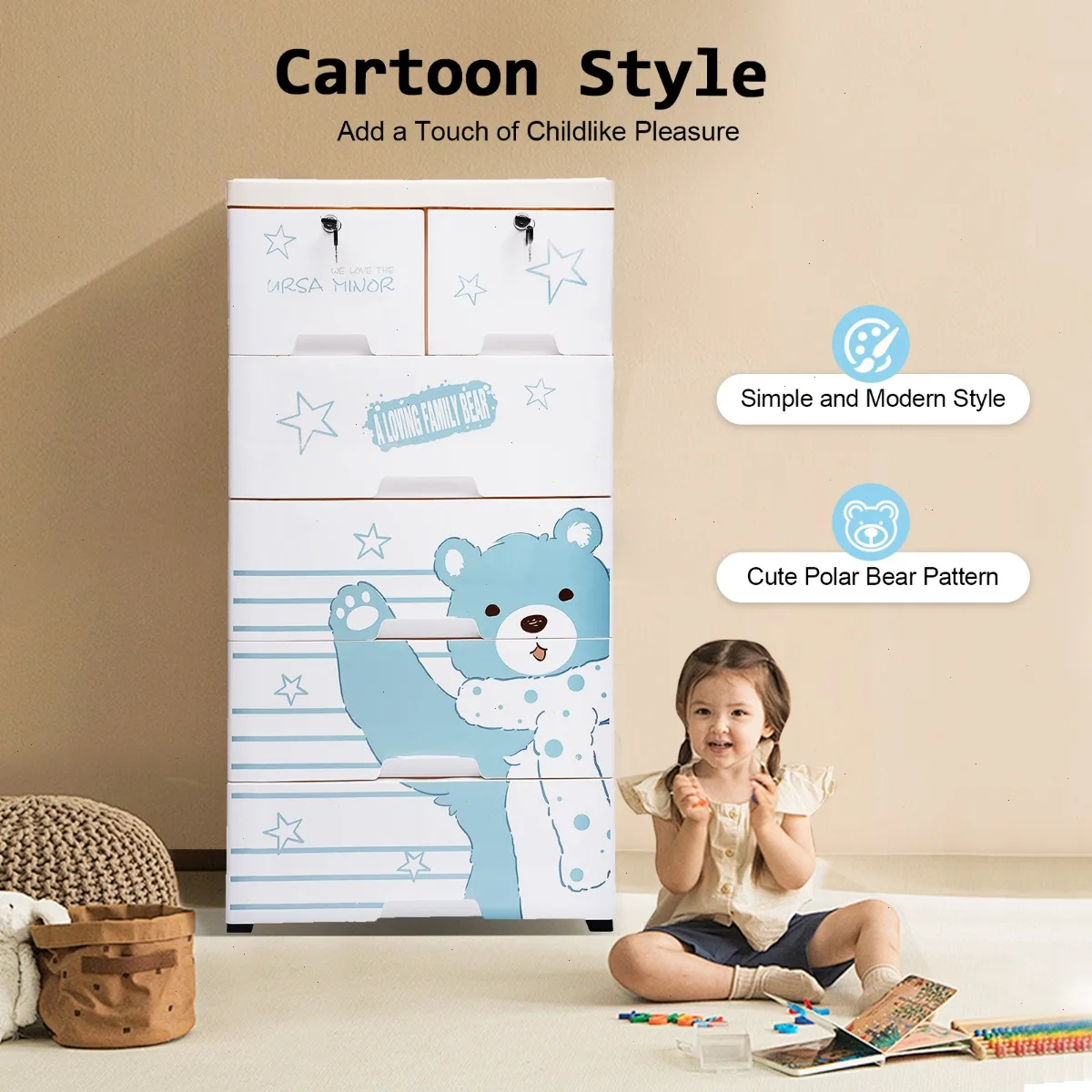 Storage Cabinet (19.7*13.7*40in),  Plastic Drawers Dresser, Cartoon Bear Organizer, 6 Drawer Unit for Kids Room, Vertical Closet, Space Saving Furniture