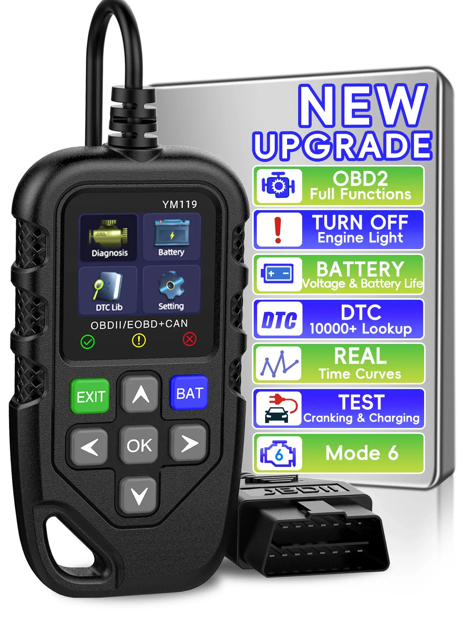 YM119 OBD2 Scanner with Battery Test, OBDII/EOBD Scanner Diagnostic Tool Car Code Reader CAN Scan Tool  Engine Fault Code Reader