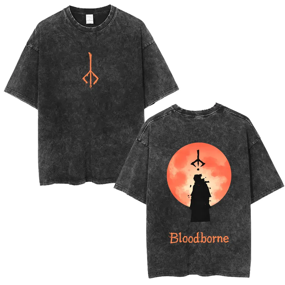 Washed Vintage Game Bloodborne T-shirt Men Women Retro Gothic Rock T Shirts Men's Hip Hop Oversized Short Sleeve Tops Streetwear