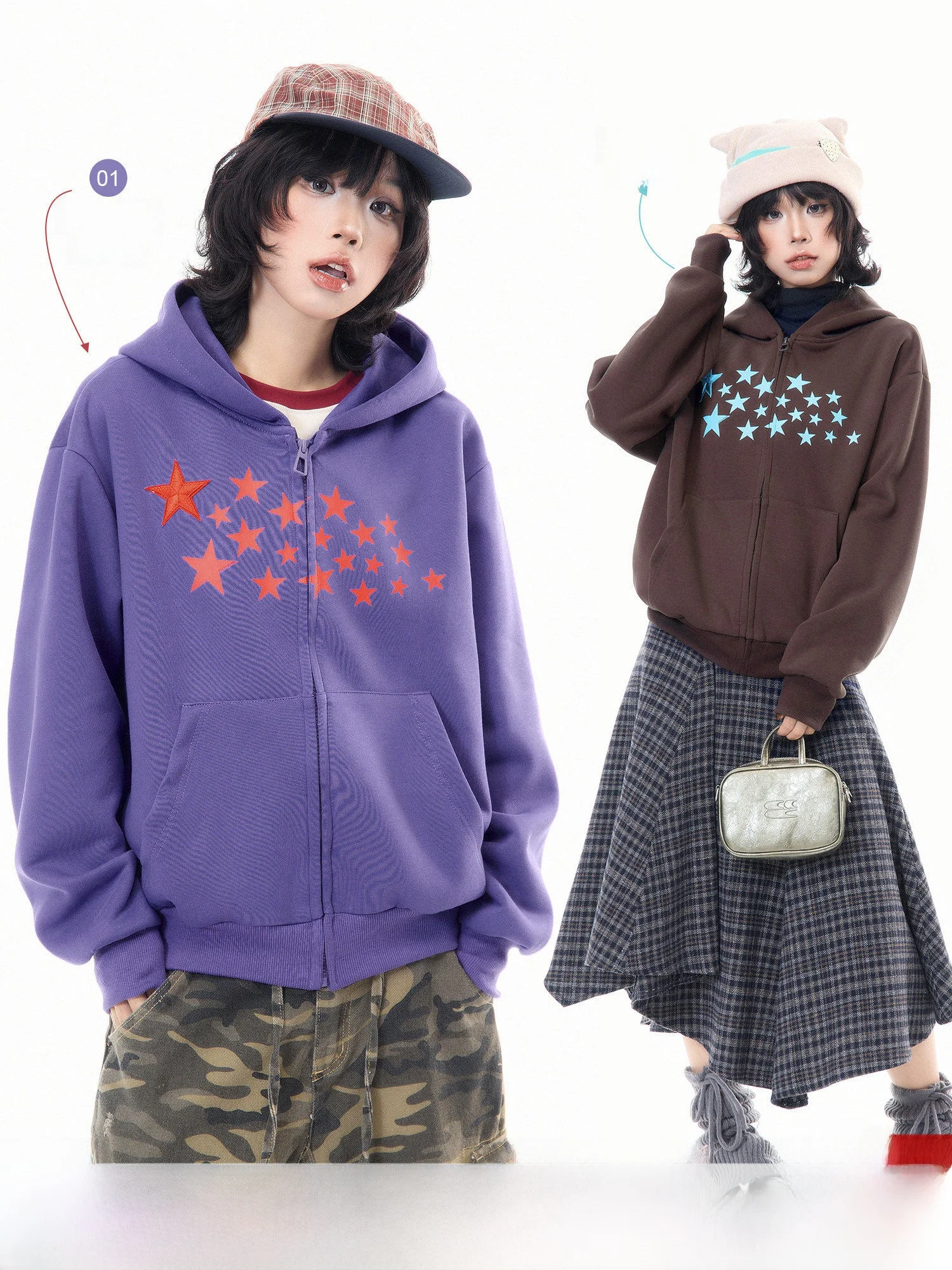 

Retro Star Print Purple Hoodie Women's Spring Versatile Loose Casual Open Cardigan Jaet MKGO Comfortable Long Sve Zipper