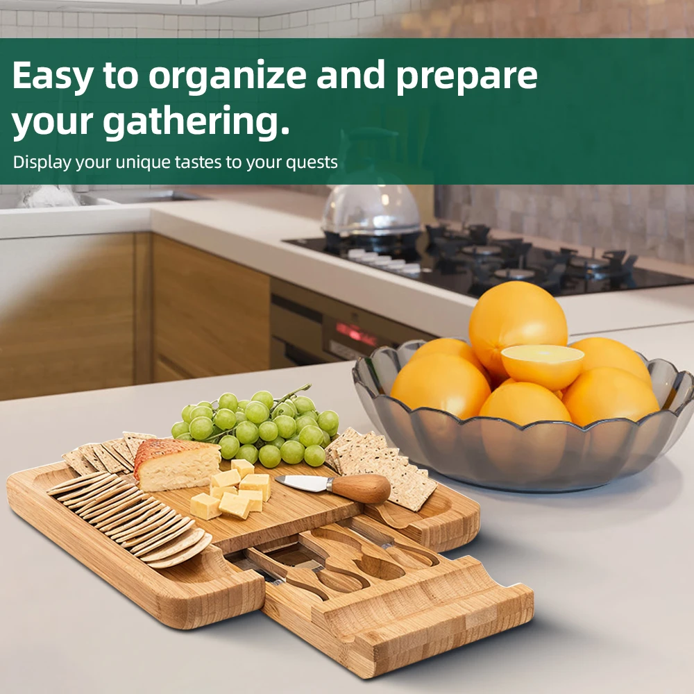 

Charcuterie Boards Gift Set with 4 Cheese Knives Large Square Bamboo Cheese Boards with Hidden Utensil Drawer Partition Food