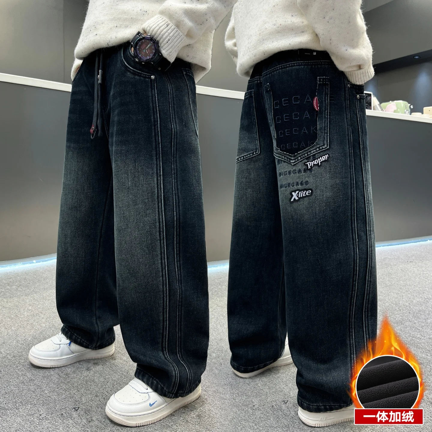 

Autumn Winter Warm Lined Trousers Big Size Children Street Outfit Boy Winter Thickened Fleece Lined Boys Blue Jeans Age 4-14Y
