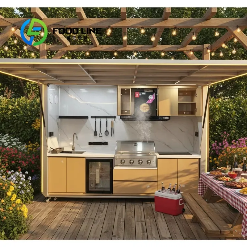Custom Modern Durable Modular Stainless Steel Outdoor Kitchen with Powerful BBQ Grill Stove and Storage Cabinet Garden Backyard